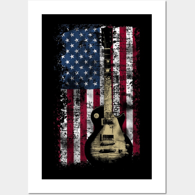 Vintage Us Flag Guitar American Flag Gift Wall Art by Jannysingle